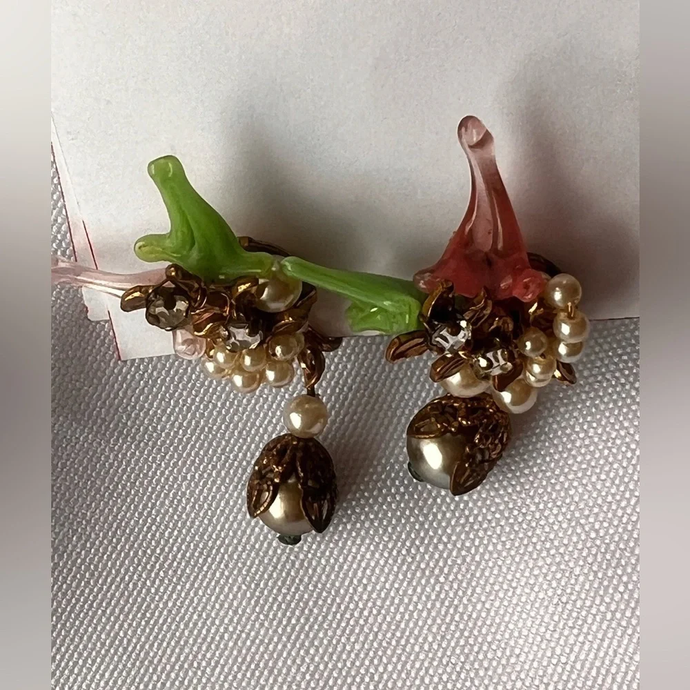 Vintage Rare Early Miriam Haskell Robert Brass Filigree glass leaf Earrings Set